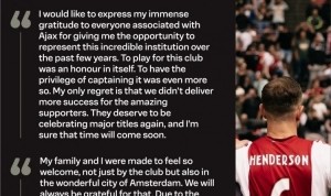 亨德森告别信：为阿贾克斯效力是我的荣幸，遗憾未带来更多成功